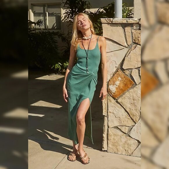 Free People Allure Maxi Dress XS 2 Women's Smocked Green Cotton Long NEW 42575 - Picture 1 of 4